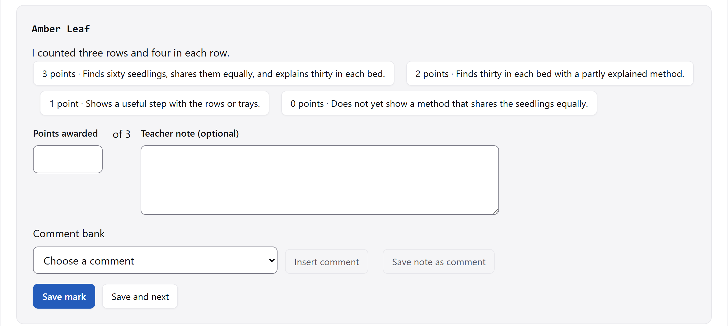 Rubric level buttons, the points field and the teacher note for a written answer.